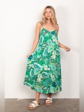 Very J Tie Strap Midi Sundress Macie Green Mix Tropical Print Maxi Dress Size 1X